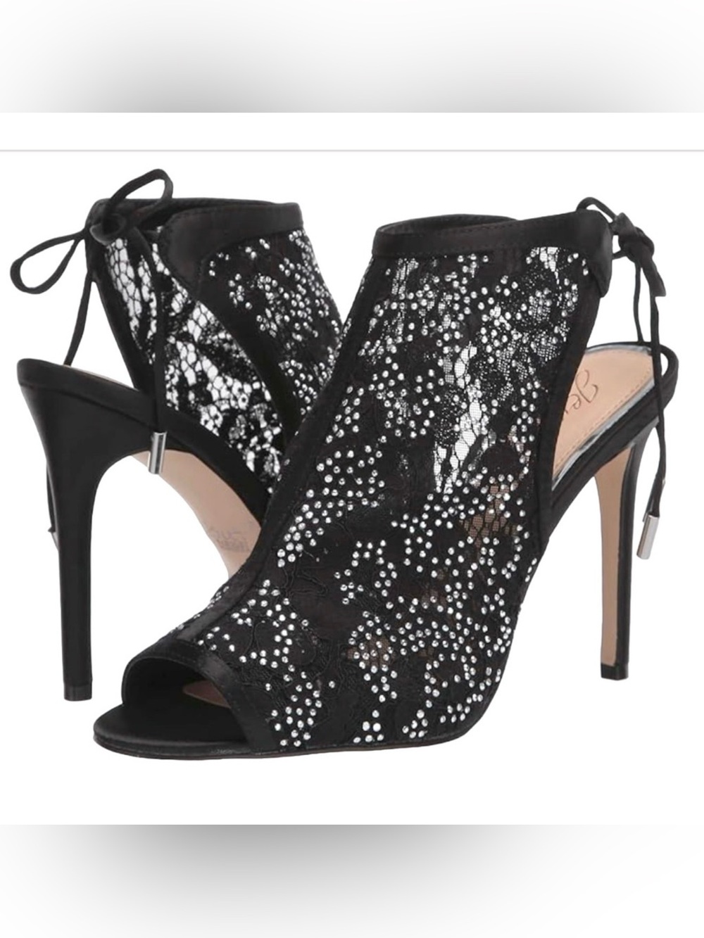 JEWEL BADGLEY MISCHKA BLACK BOULDER LACE RHINESTONE STILETTO BOOTIE HEELS 8.5